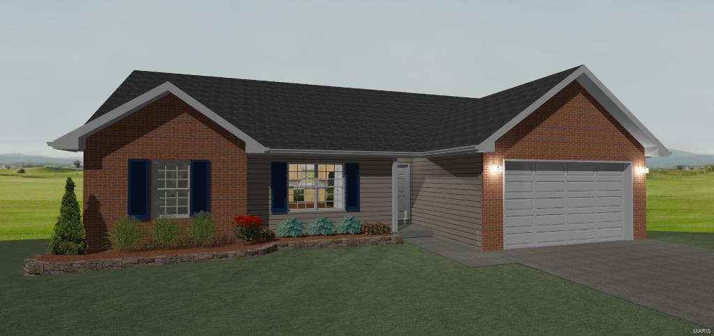 view of front facade with brick siding, an attached garage, driveway, and a front yard