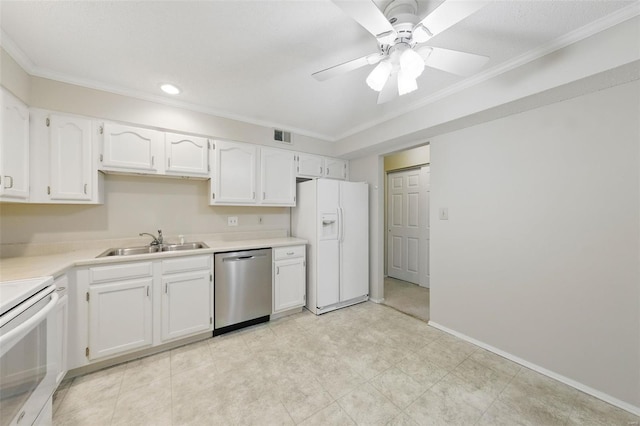 kitchen with white cabinets, crown molding, a sink, and white appliances