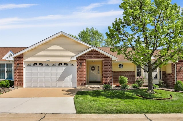 ranch-style house featuring a garage, brick siding, a front lawn, and concrete driveway