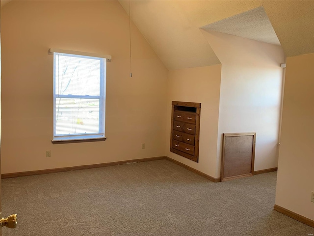 additional living space with baseboards, vaulted ceiling, and carpet floors