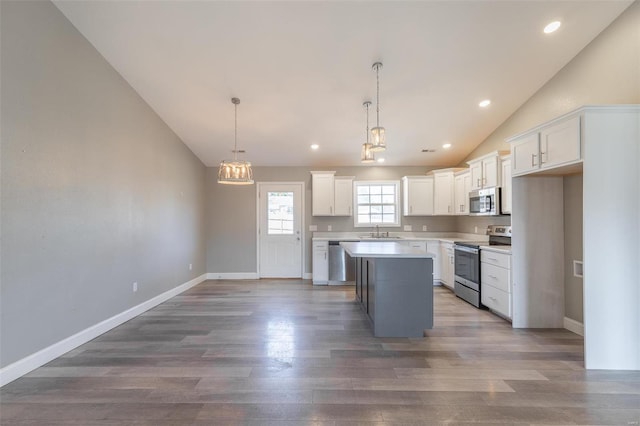kitchen featuring vaulted ceiling, a sink, stainless steel appliances, and wood finished floors