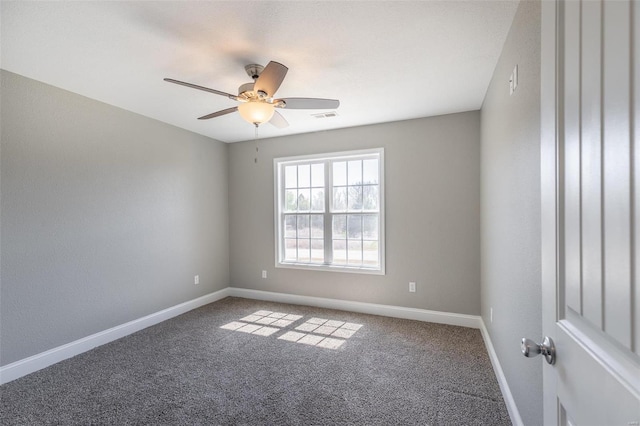 carpeted empty room featuring baseboards, ceiling fan, and visible vents