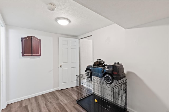 workout area with baseboards, a textured ceiling, and wood finished floors