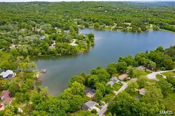 birds eye view of property featuring a view of trees and a water view