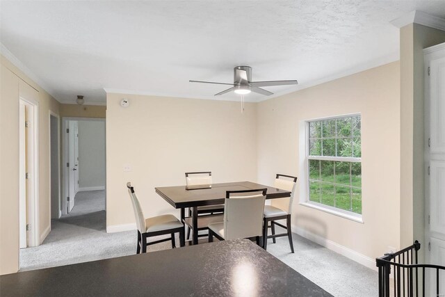 dining room with baseboards, carpet, ceiling fan, and crown molding