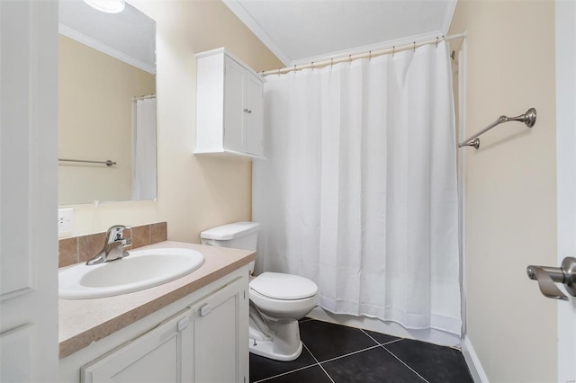 bathroom with tile patterned floors, toilet, curtained shower, vanity, and ornamental molding