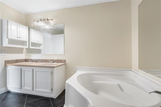 bathroom featuring tile patterned flooring, a bath, a sink, and double vanity