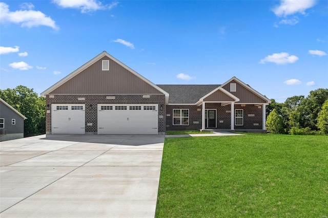 craftsman-style house with a front yard, an attached garage, brick siding, and concrete driveway