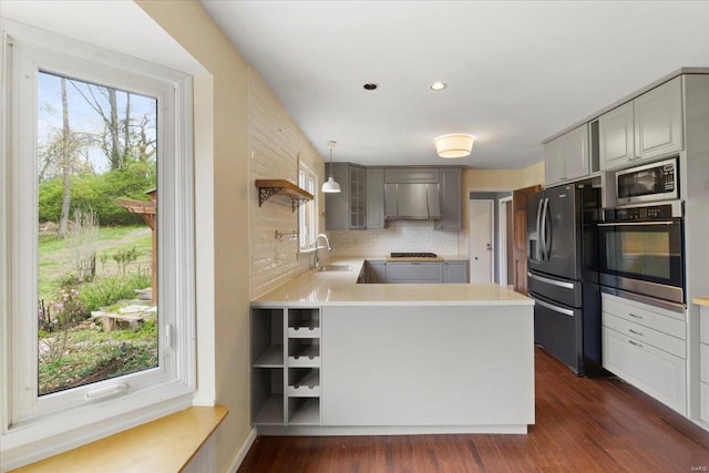 kitchen featuring a peninsula, dark wood-style floors, appliances with stainless steel finishes, a sink, and ventilation hood