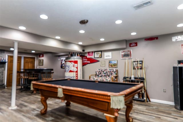 rec room featuring water heater, wood finished floors, pool table, and recessed lighting