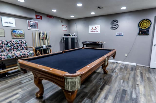 game room featuring wood finished floors, pool table, and recessed lighting