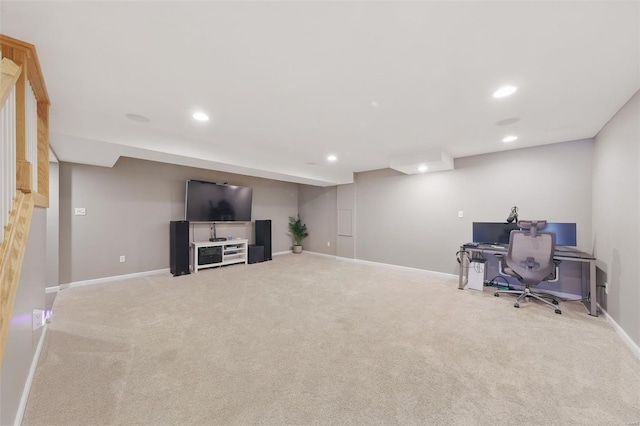 office space with light colored carpet, baseboards, and recessed lighting