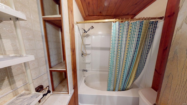 bathroom with wood ceiling and shower / tub combo