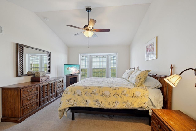 carpeted bedroom featuring visible vents, vaulted ceiling, and multiple windows
