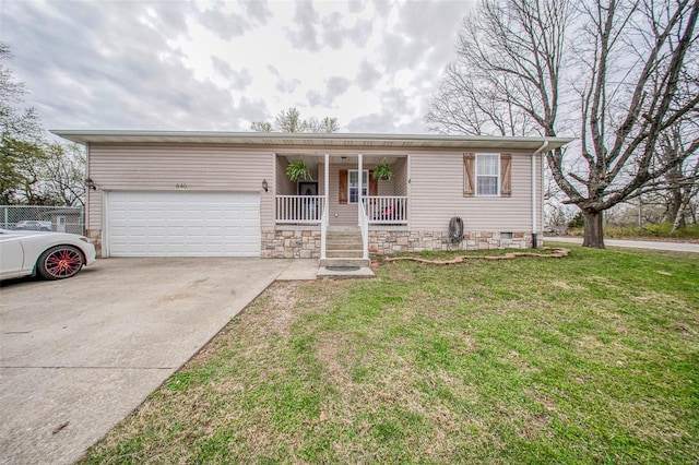 ranch-style house featuring a garage, concrete driveway, crawl space, a front lawn, and covered porch