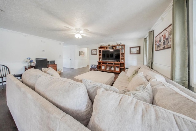 living area with a textured ceiling, wood finished floors, and a ceiling fan