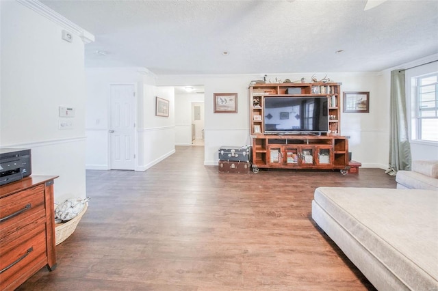 living room with a textured ceiling, wood finished floors, and crown molding