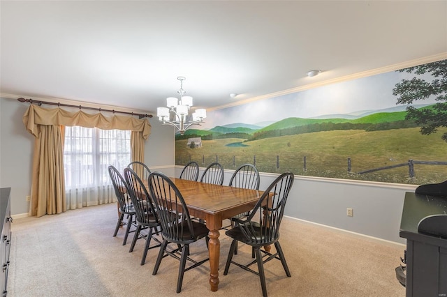 carpeted dining area with baseboards, a chandelier, and crown molding