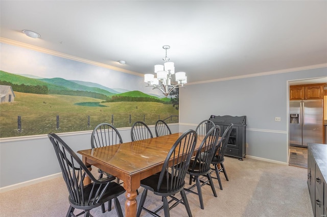 dining space featuring light carpet, baseboards, and a notable chandelier