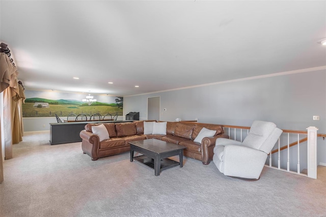 carpeted living area with crown molding and recessed lighting