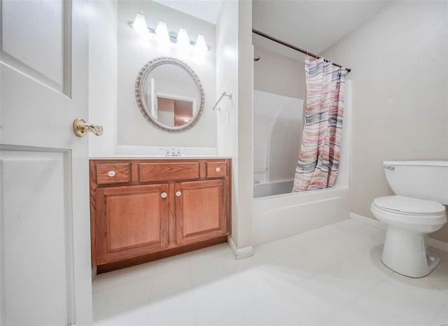 bathroom featuring tile patterned flooring, vanity, toilet, baseboards, and shower / tub combo
