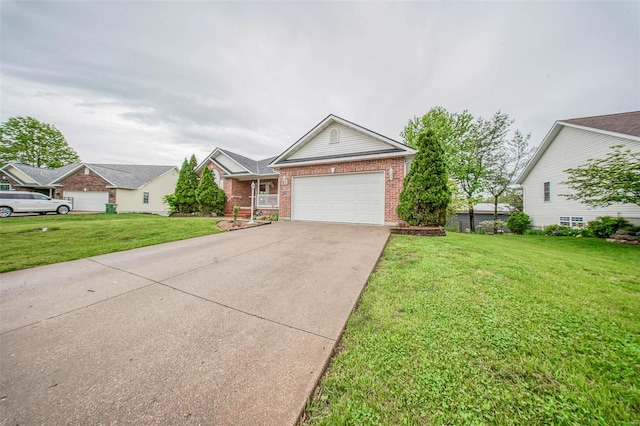 single story home featuring brick siding, an attached garage, driveway, and a front lawn