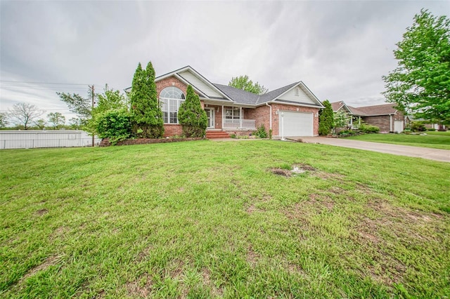 ranch-style home with a front yard, brick siding, fence, concrete driveway, and an attached garage
