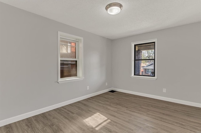 empty room featuring a textured ceiling, wood finished floors, and a healthy amount of sunlight