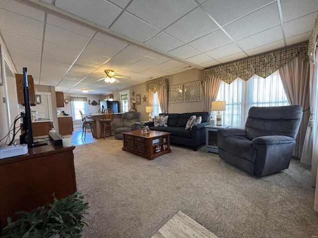 living room with carpet floors, a paneled ceiling, and a ceiling fan