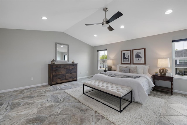 bedroom with recessed lighting, baseboards, vaulted ceiling, and multiple windows