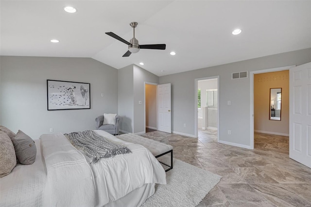 bedroom featuring baseboards, vaulted ceiling, recessed lighting, and visible vents
