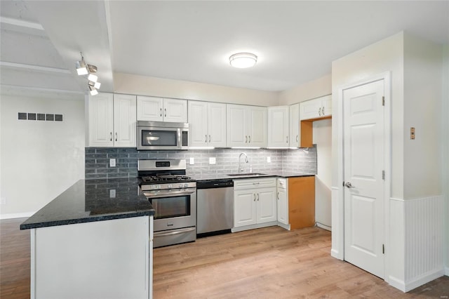 kitchen featuring appliances with stainless steel finishes, a sink, white cabinetry, backsplash, and visible vents