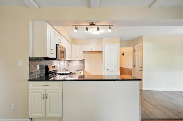 kitchen featuring appliances with stainless steel finishes, a sink, a peninsula, wood finished floors, and backsplash
