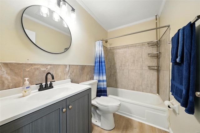 bathroom with crown molding, shower / bath combo, vanity, tile walls, and wood finished floors