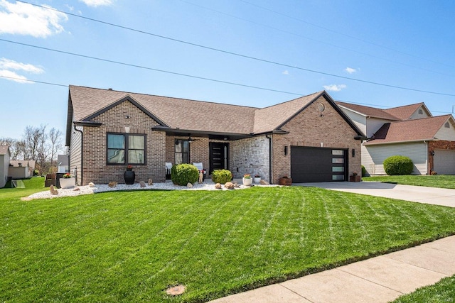 ranch-style house with concrete driveway, brick siding, a front lawn, and an attached garage