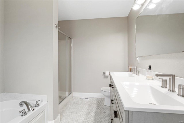 full bathroom featuring a shower stall, a bath, double vanity, and a sink