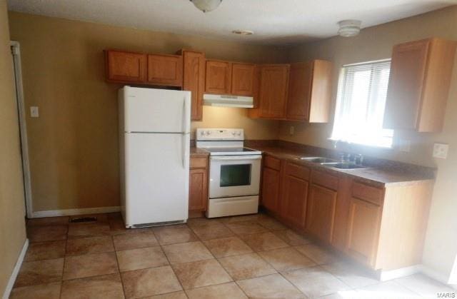 kitchen featuring baseboards, a sink, white appliances, under cabinet range hood, and brown cabinetry