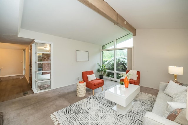 living room with carpet and lofted ceiling with beams