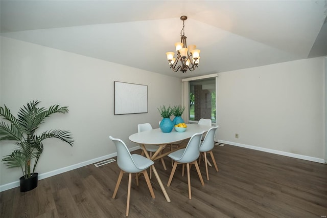 dining space featuring a notable chandelier, baseboards, dark wood-style flooring, visible vents, and vaulted ceiling