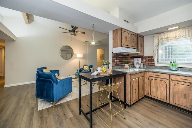 kitchen featuring under cabinet range hood, light wood-style flooring, ceiling fan, and backsplash
