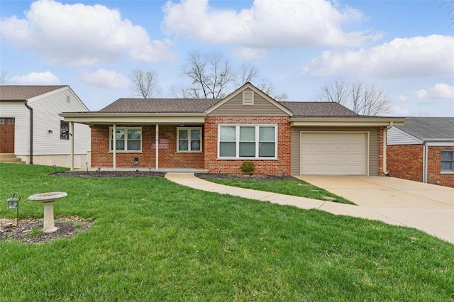 ranch-style house with brick siding, an attached garage, a front yard, and concrete driveway