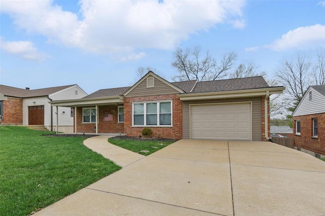 single story home featuring brick siding, an attached garage, driveway, and a front yard