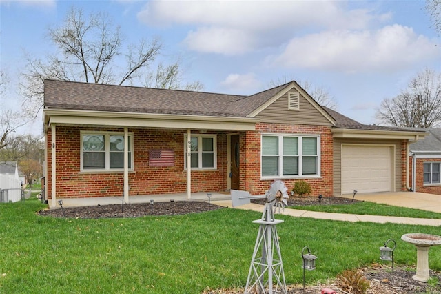 ranch-style home with concrete driveway, brick siding, a front yard, and a garage