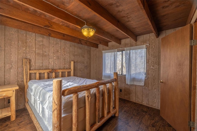 bedroom featuring wooden ceiling, wood finished floors, wood walls, and beam ceiling