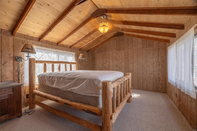 carpeted bedroom with wooden ceiling, wood walls, and vaulted ceiling with beams