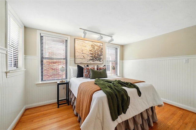 bedroom featuring baseboards, rail lighting, wainscoting, and wood finished floors
