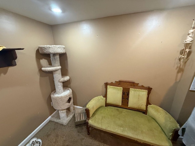 living area with baseboards and carpet