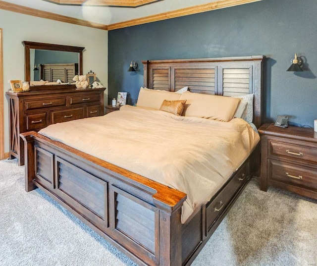 bedroom featuring ornamental molding and light colored carpet
