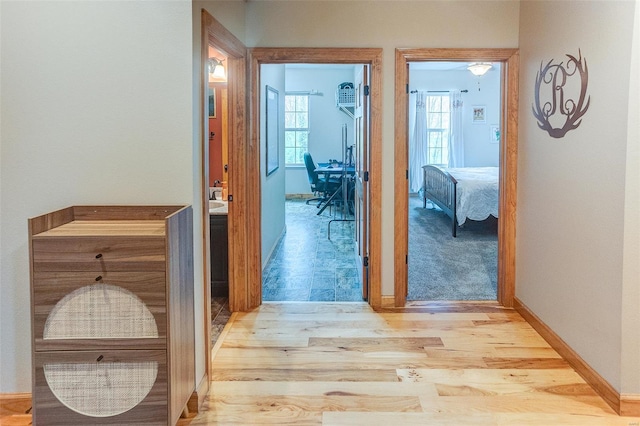 hall featuring plenty of natural light, wood finished floors, and baseboards