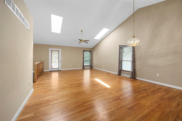 unfurnished living room featuring visible vents, light wood-style floors, baseboards, high vaulted ceiling, and a skylight
